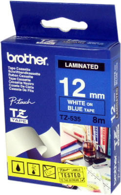 Brother TZ-535 Mavi Üzerine Beyaz Lamine Etiket 12