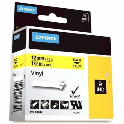 Dymo Rhinopro 18432 Yellow-Black 12mm x 5.5m Color Vinyl Strip