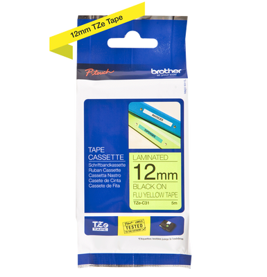 Brother TZe-C31 Black Phosphorus Laminated Label on Blurred Yellow 12mm