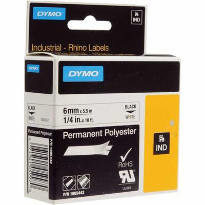 Dymo Rhino Pro 1805442 White Black Fixed Polyester Strip 6mm x 5.5m